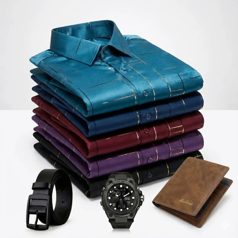 [Leve 5, Pague Só 3] Kit de Camisas Sociais Masculinas em Tecido Acetinado Tecnológico: Anti-odor, Anti-desbotamento + BRINDES: Cinto, Carteira e Relógio