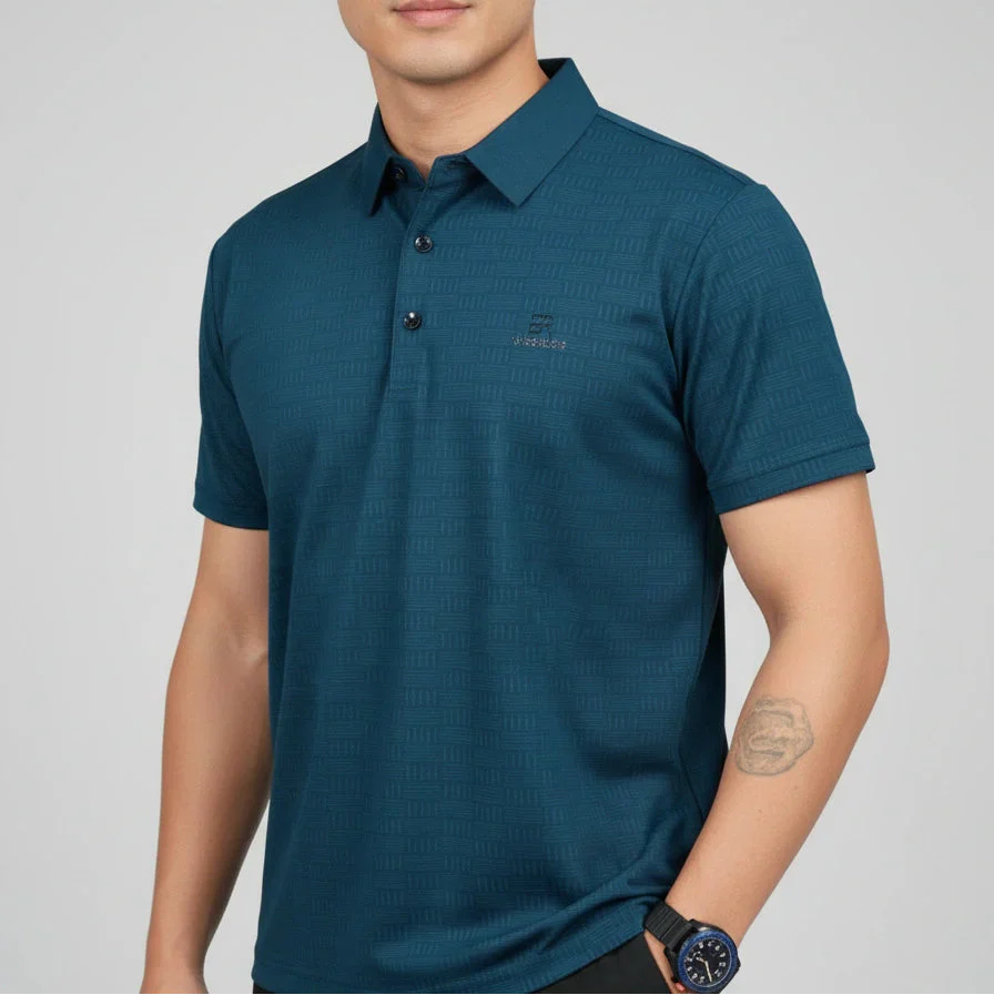 [Leve 5, Pague Só 3] Camisa Polo Draxen Masculina em Seda Gelada e Poliéster de Caimento Reto com Textura Geométrica + BRINDES