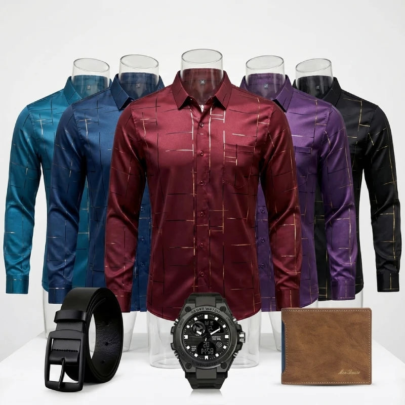 [Leve 5, Pague Só 3] Kit de Camisas Sociais Masculinas em Tecido Acetinado Tecnológico: Anti-odor, Anti-desbotamento + BRINDES: Cinto, Carteira e Relógio